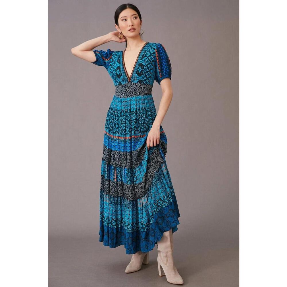 Anthropologie x Bahnuni - Blue Patterned Maxi Dress, V-Neck, size 12